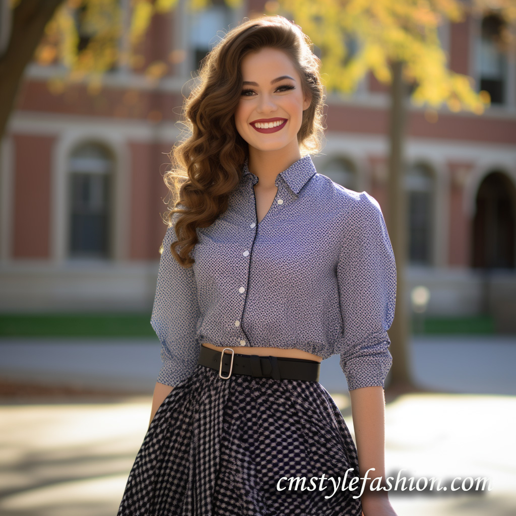 a polka dots blouse paired with a plaid skirt